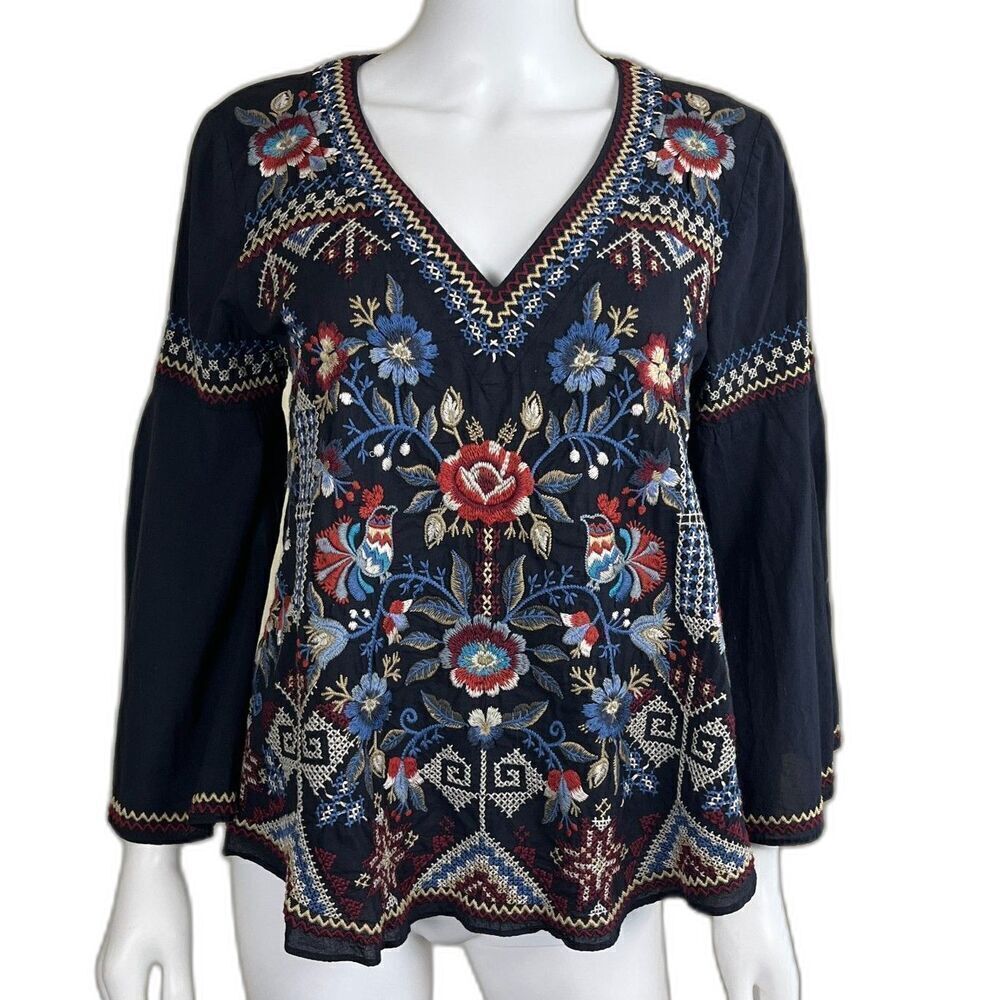 Johnny Was Women's Size S Blue Floral Bird Embroidered Swing Blouse Cotton Boho